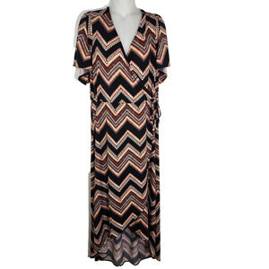 Maurices Women Chevron Wrap Dress Large Midi Aztec Short Flutter Sleeve High Low